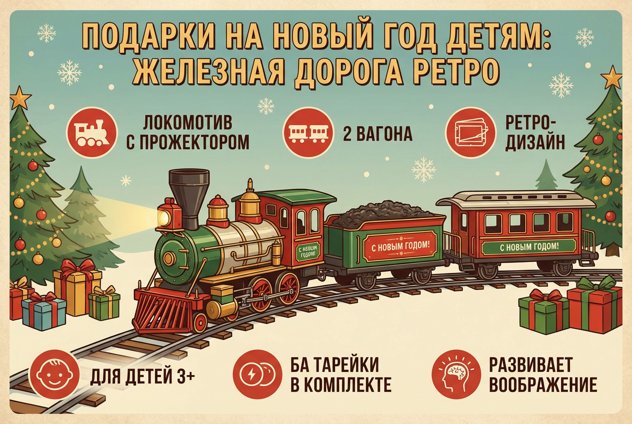 подарок на новый год Железная дорога ретро (локомотив с прожектором + 2 вагона)