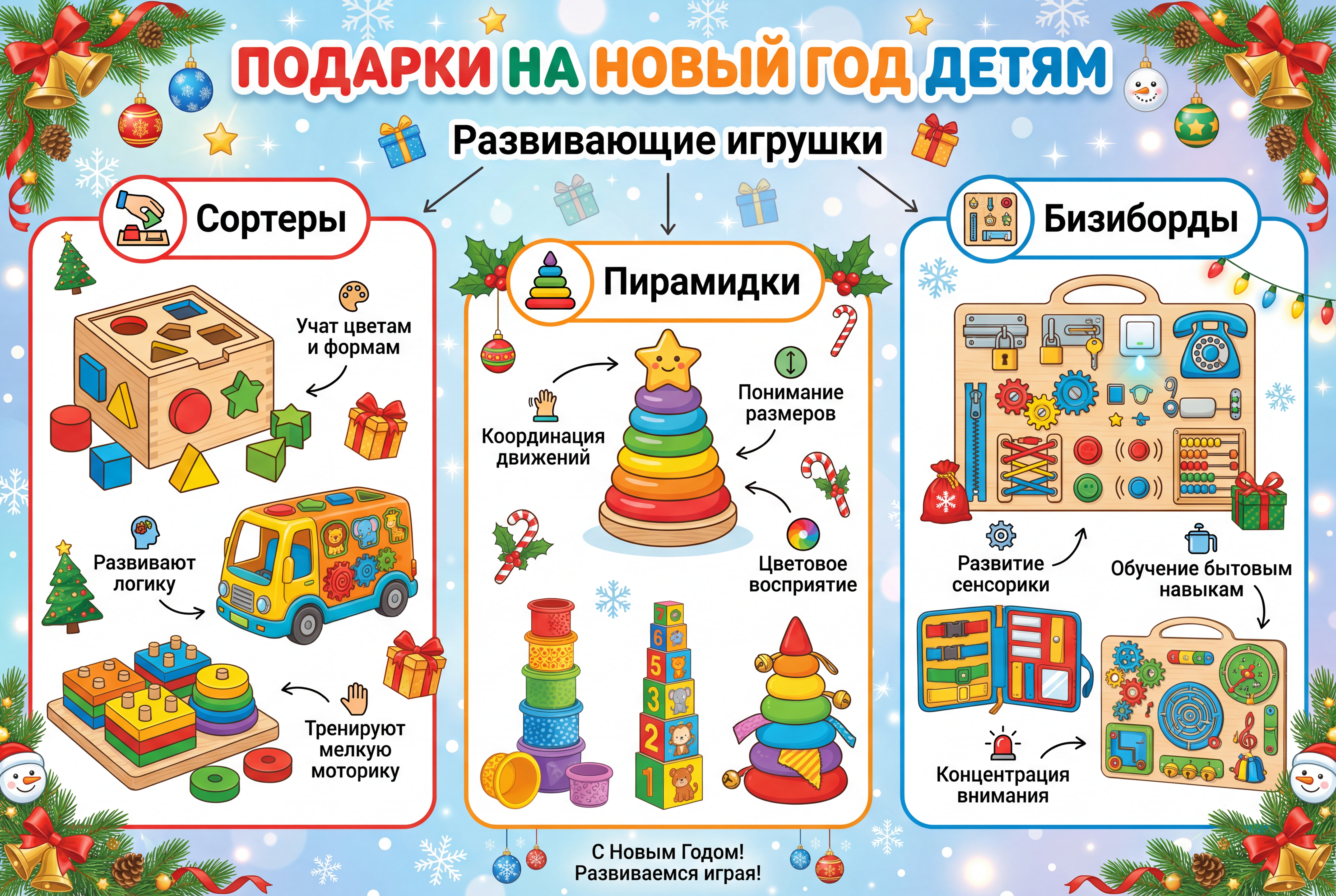 подарок на новый год 1-3 года сортеры, пирамидки, бизиборды