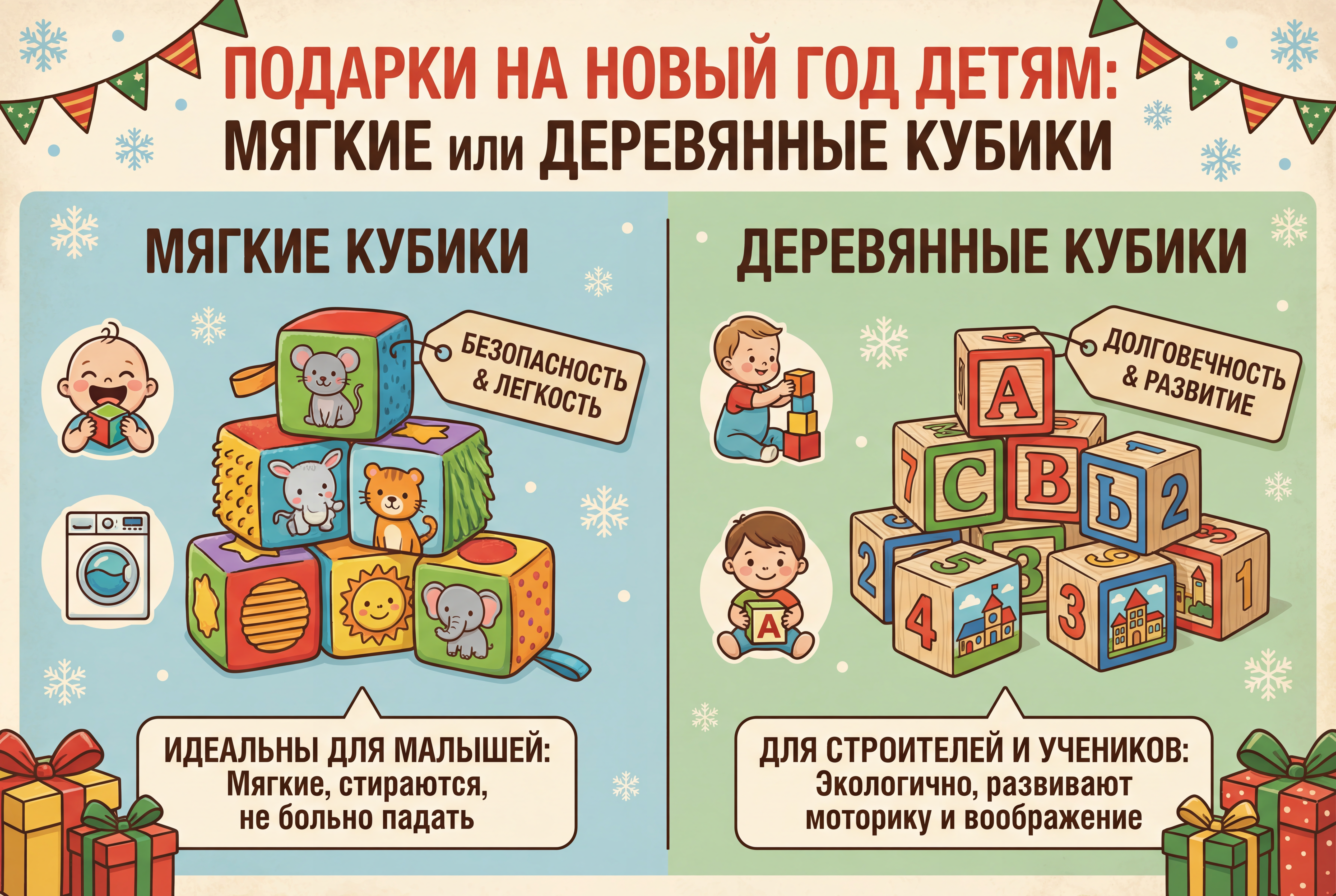 подарок на новый год 1-3 года Мягкие или деревянные кубики