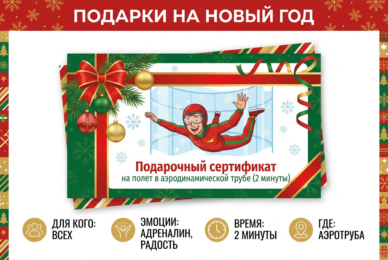подарок на новый год Подарочный сертификат на полет в аэродинамической трубе