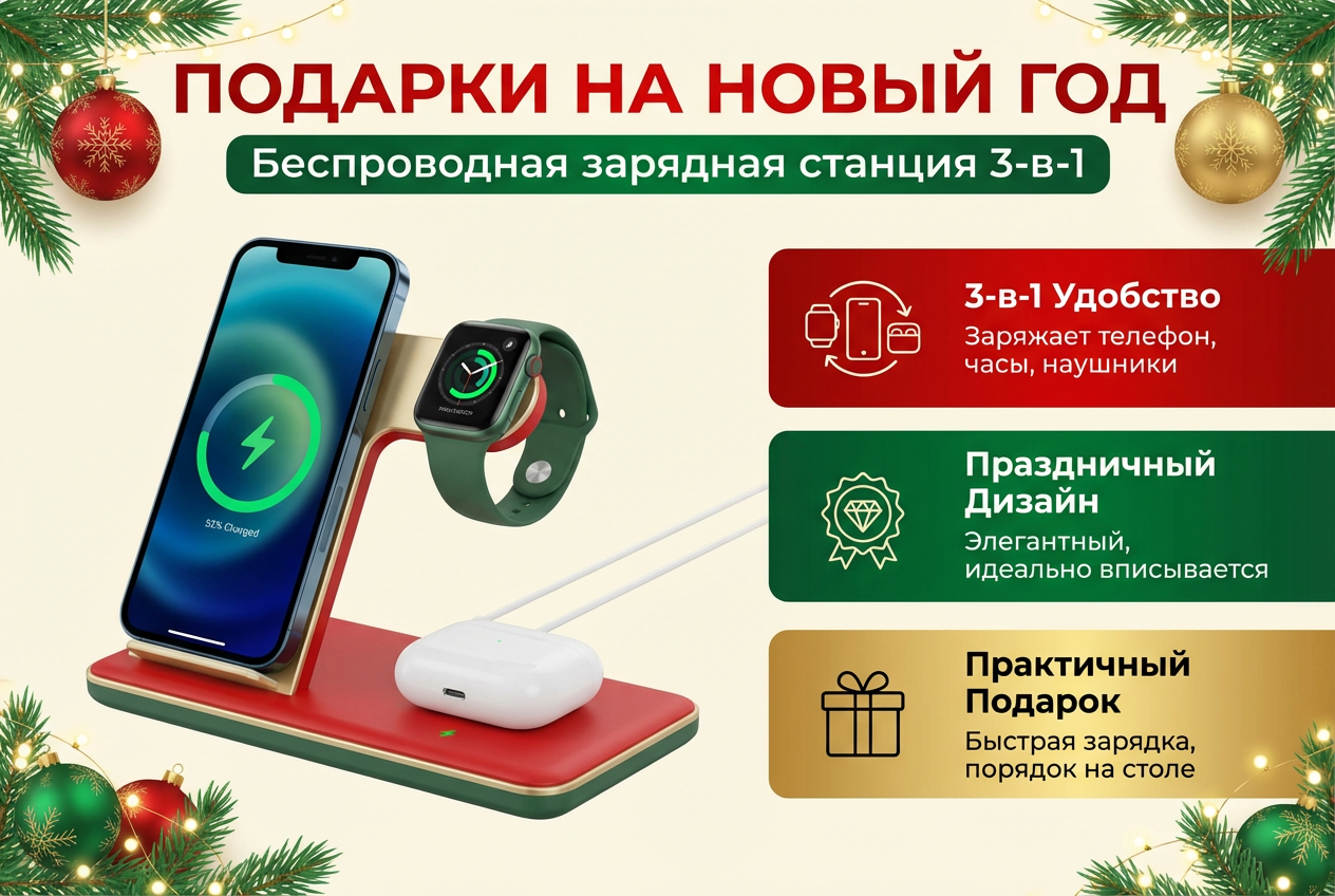 подарок на новый год Беспроводная зарядная станция